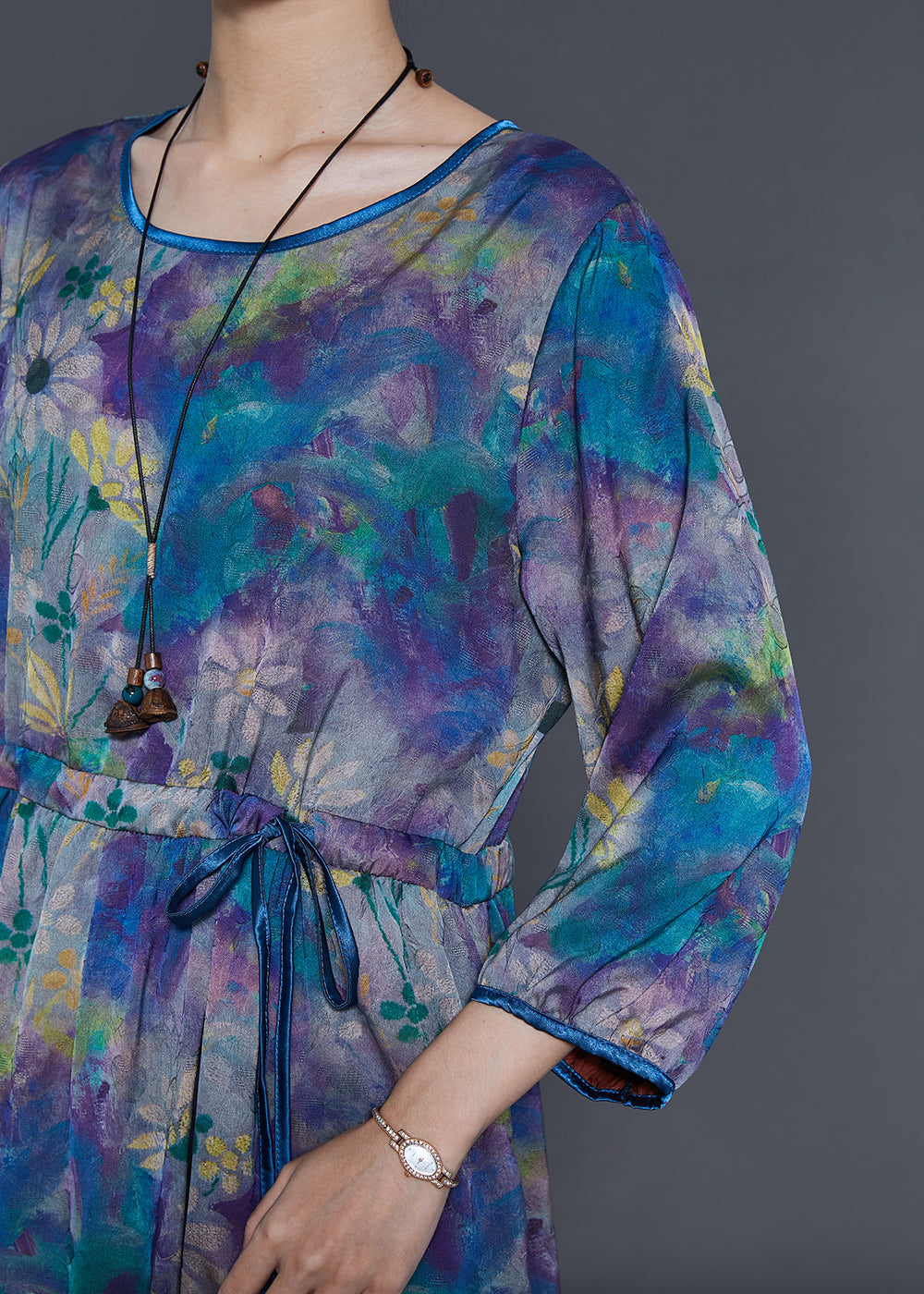 Diy Blue Cinched Print Chiffon Maxi Dresses Bracelet Sleeve