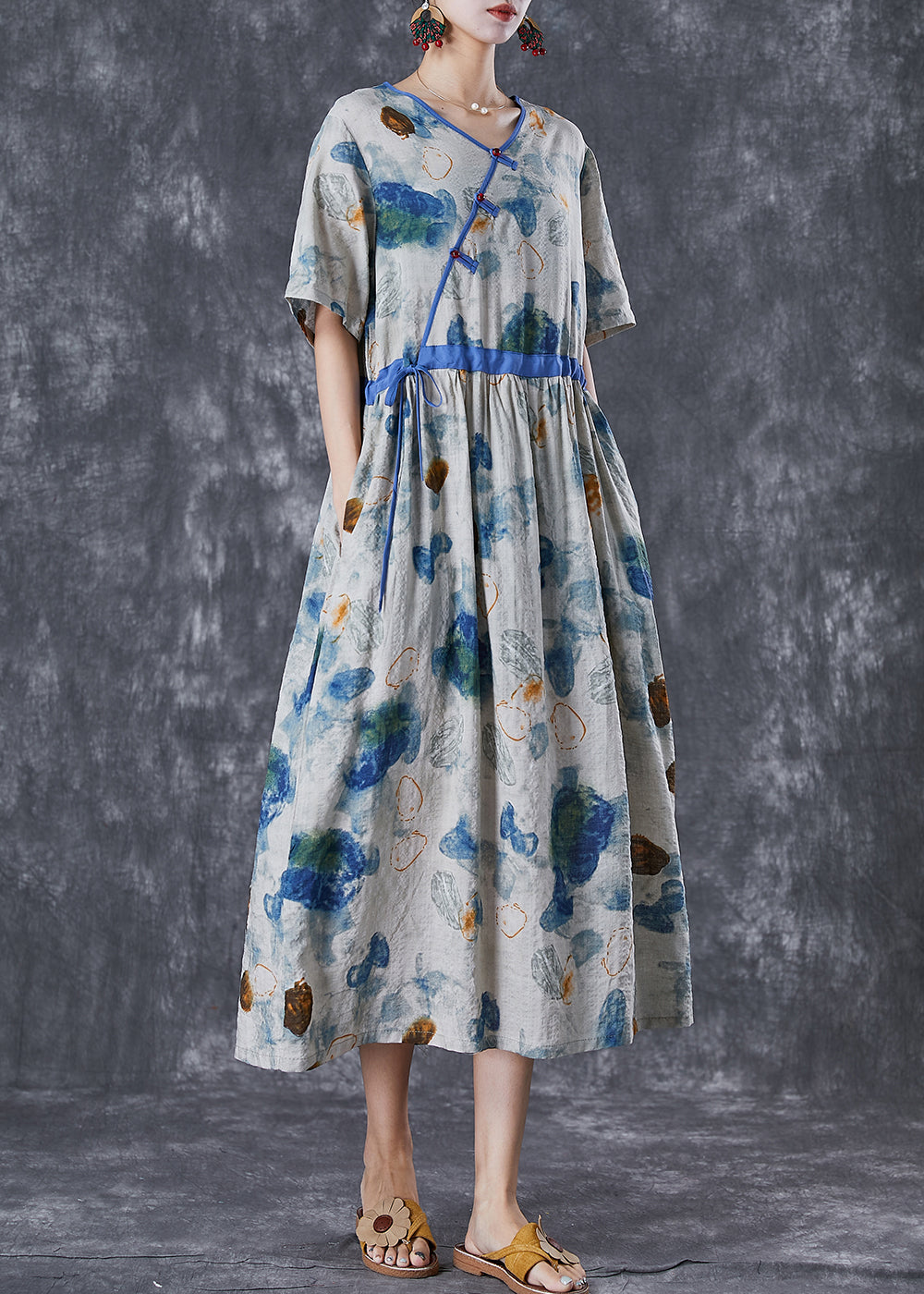Diy Blue Cinched Print Linen Silk Holiday Dress Summer