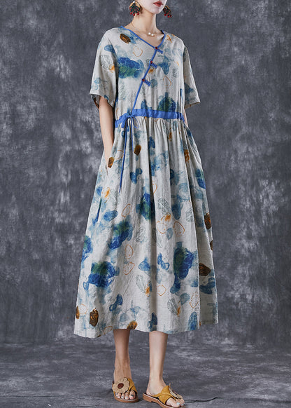 Diy Blue Cinched Print Linen Silk Holiday Dress Summer