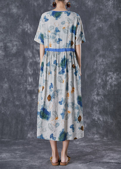 Diy Blue Cinched Print Linen Silk Holiday Dress Summer
