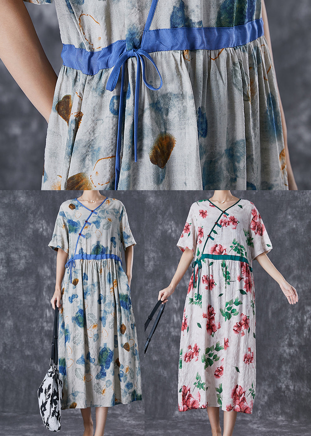 Diy Blue Cinched Print Linen Silk Holiday Dress Summer