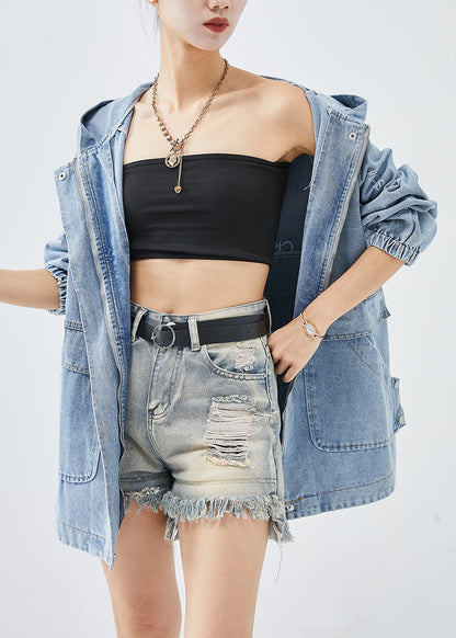 Diy Blue Hooded Letter Embroidered Denim Coat Fall