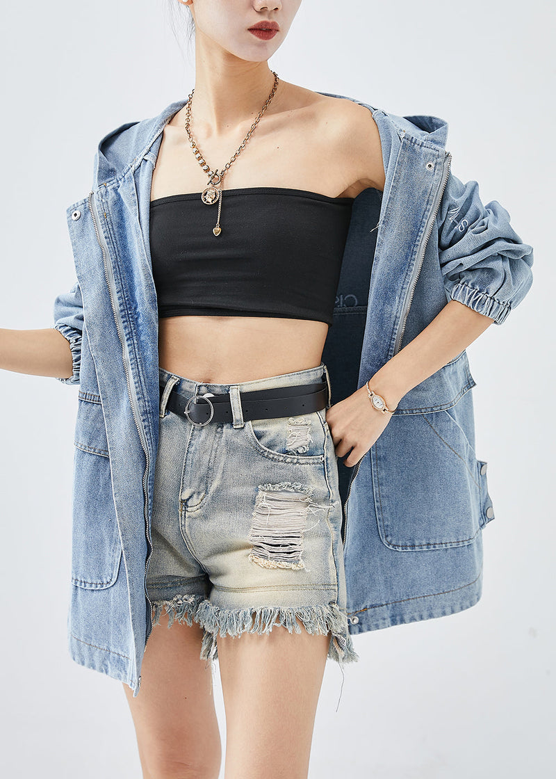 Diy Blue Hooded Letter Embroidered Denim Coat Fall