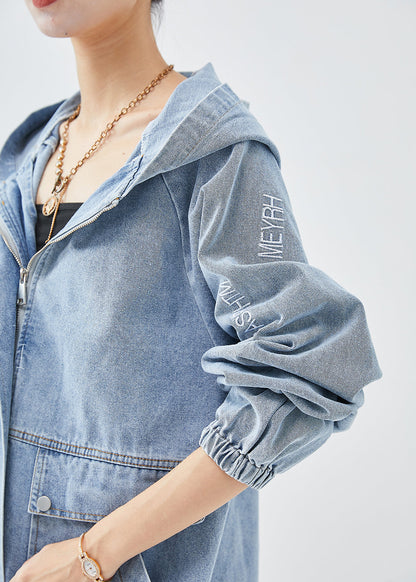 Diy Blue Hooded Letter Embroidered Denim Coat Fall