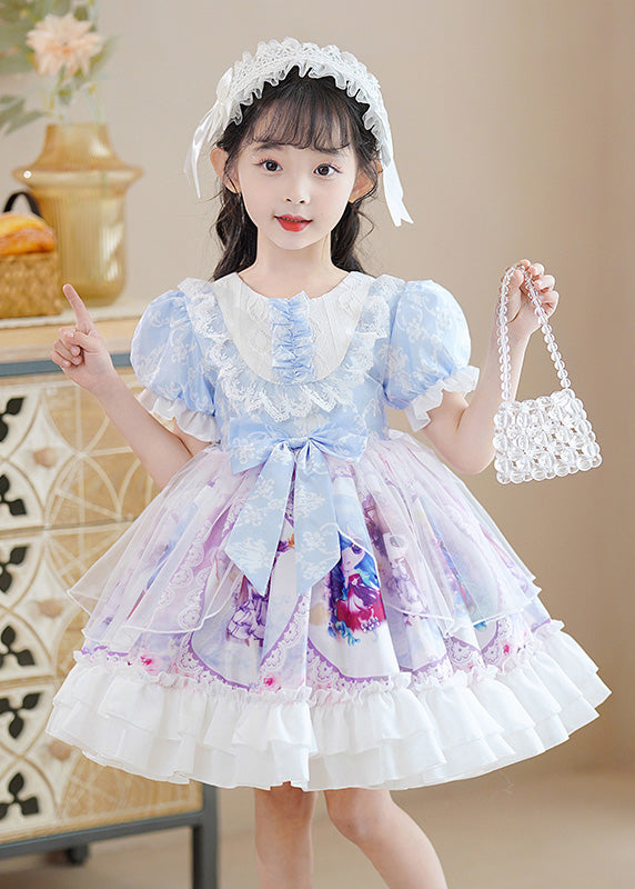 Diy Blue O-neck Print Patchwork Bow Tulle Mid Dress Puff Sleeve