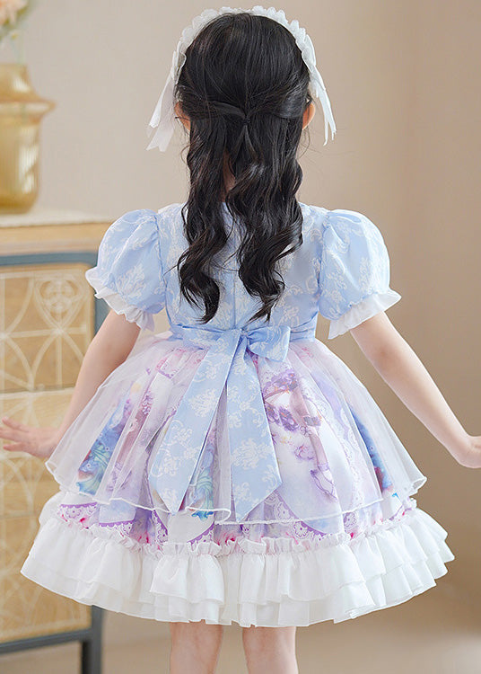 Diy Blue O-neck Print Patchwork Bow Tulle Mid Dress Puff Sleeve
