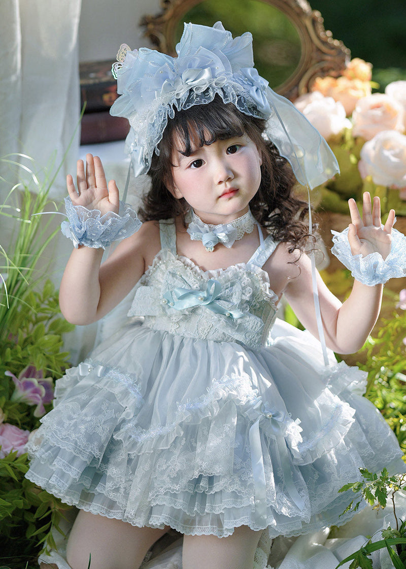 Diy Blue Patchwork Tulle Kids Mid Spaghetti Strap Dress and Shorts Two Piece Set Sleeveless