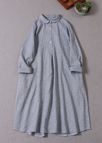 Diy Blue Peter Pan Collar Button Cotton Vacation Dresses Long Sleeve