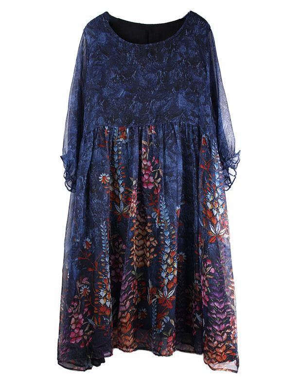Diy Blue Print Chiffon O-neck Summer Dress