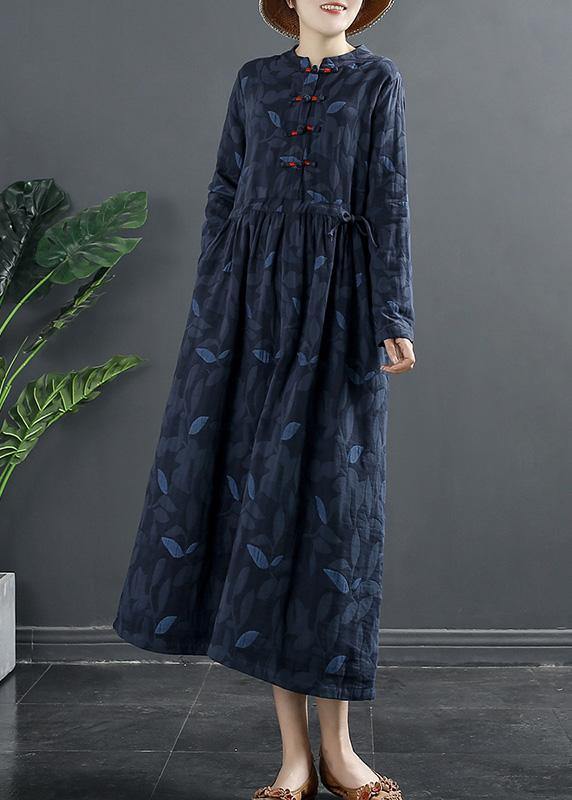 Diy Blue Print Dresses Stand Collar a Line Dress