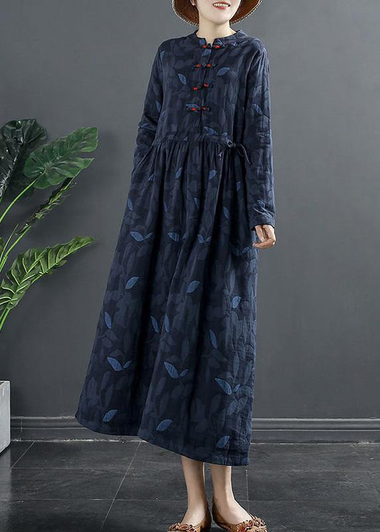 Diy Blue Print Dresses Stand Collar a Line Dress