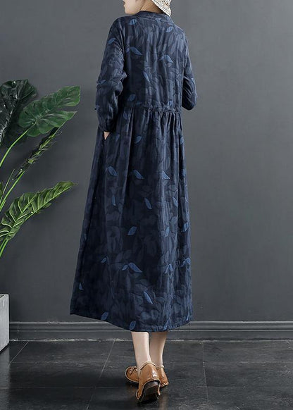 Diy Blue Print Dresses Stand Collar a Line Dress