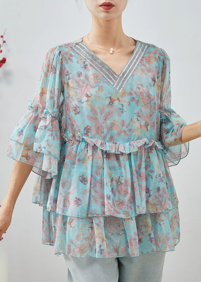 Diy Blue Ruffled Print Chiffon Blouses Bracelet Sleeve