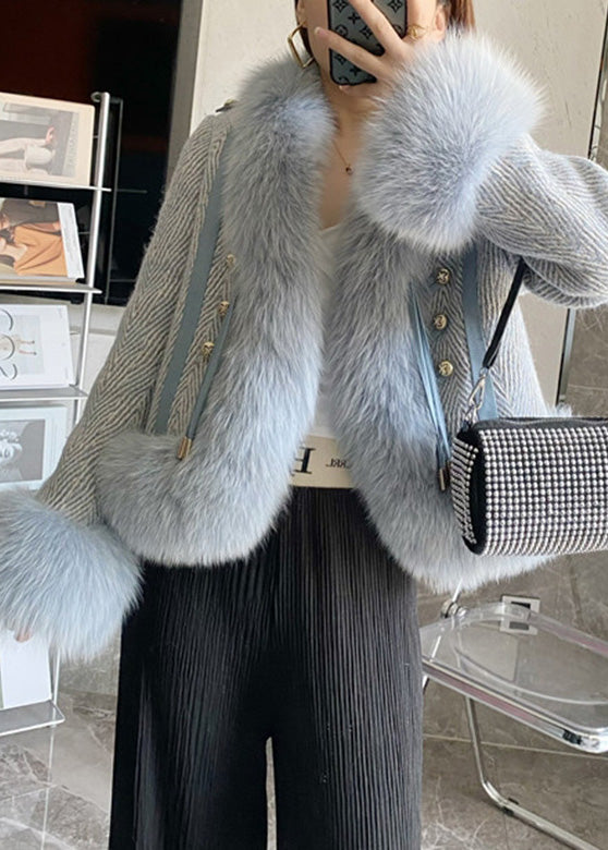 Diy Blue Stand Collar Leather and Faux Fur Coat Winter