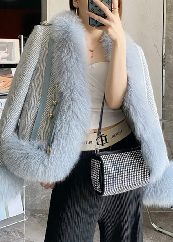Diy Blue Stand Collar Leather and Faux Fur Coat Winter