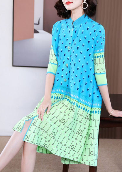 Diy Blue Stand Collar Patchwork Print Holiday Dress Summer