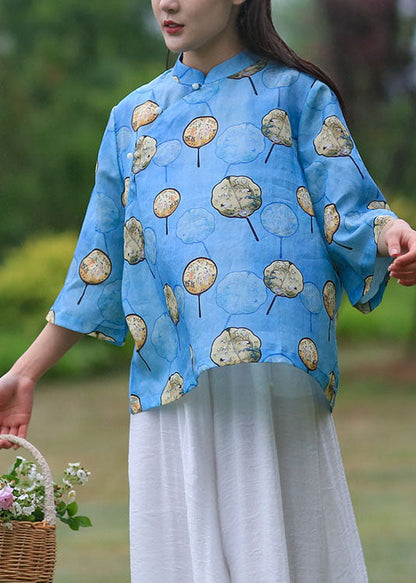 Diy Blue Stand Collar Print Linen Top Bracelet Sleeve