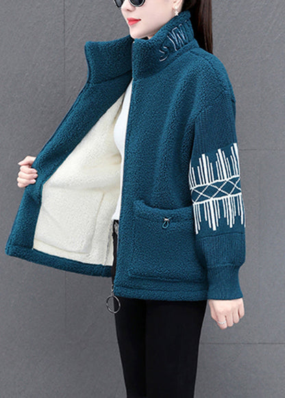 Diy Blue Stand Collar Zippered Striped Patchwork Teddy Faux Fur Coats Winter