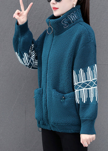 Diy Blue Stand Collar Zippered Striped Patchwork Teddy Faux Fur Coats Winter