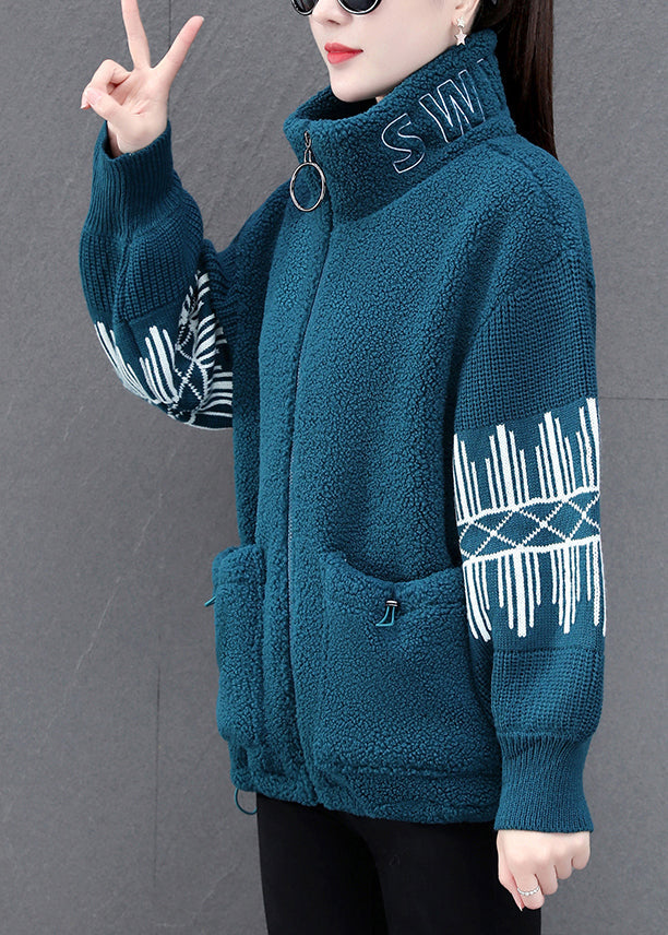 Diy Blue Stand Collar Zippered Striped Patchwork Teddy Faux Fur Coats Winter
