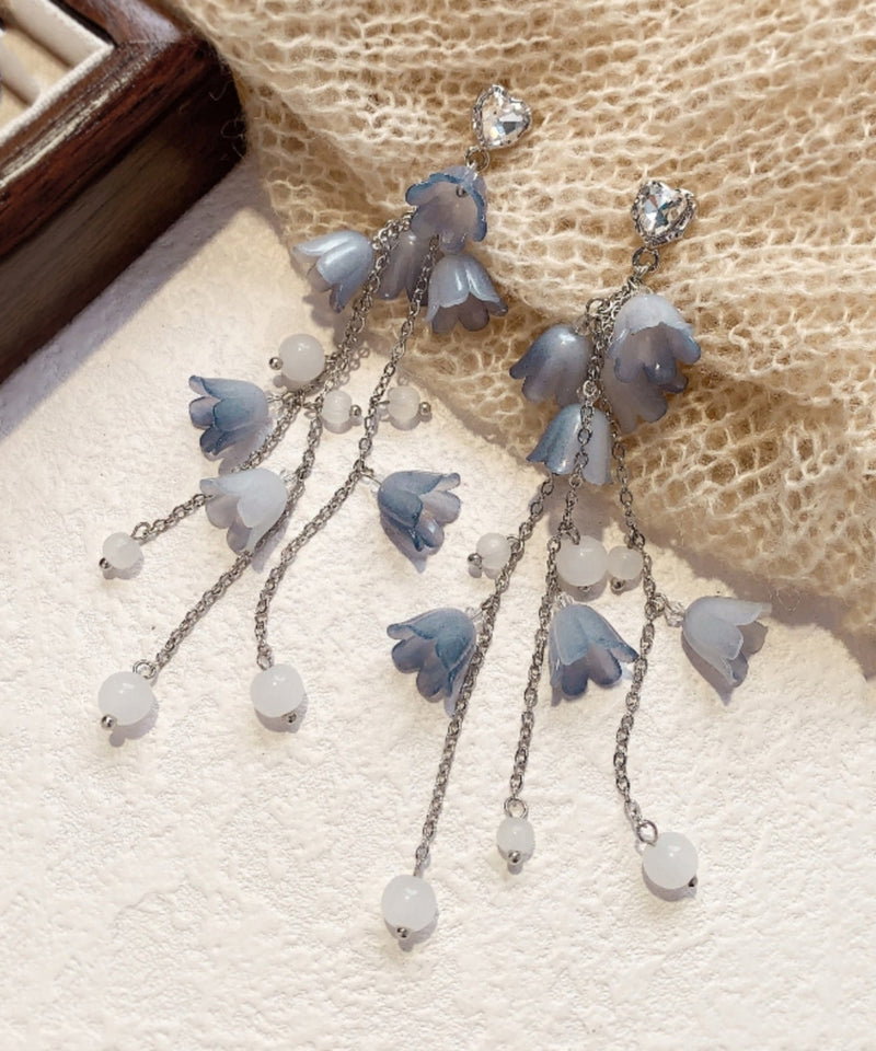 Diy Blue Sterling Silver Zircon Pearl Tassel Drop Earrings Kx1084