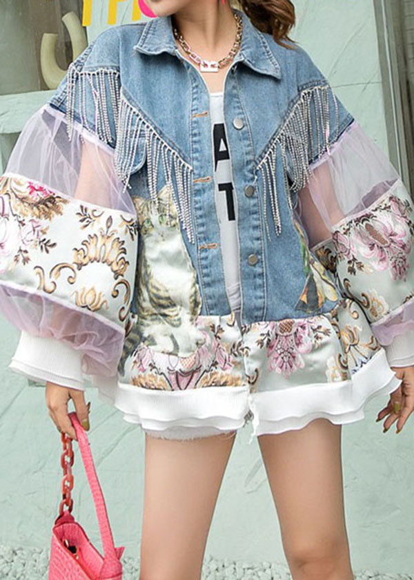 Diy Blue Tasseled Tulle Print Patchwork Denim Coat Lantern Sleeve