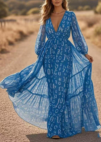 Diy Blue V Neck Print Chiffon Long Dresses Lantern Sleeve
