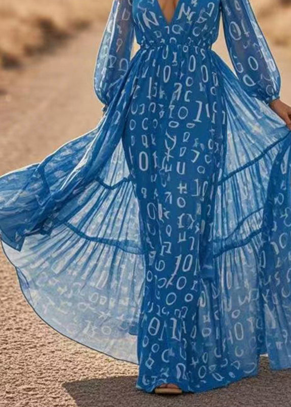 Diy Blue V Neck Print Chiffon Long Dresses Lantern Sleeve