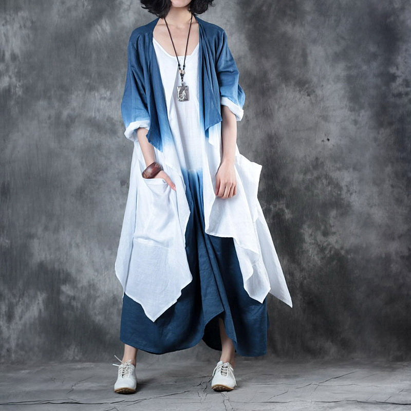 Diy Blue White Retro Loose Gradient Color Fall Asymmetrical Design 2 Piece Outfit Long Sleeve