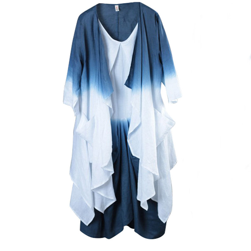 Diy Blue White Retro Loose Gradient Color Fall Asymmetrical Design 2 Piece Outfit Long Sleeve