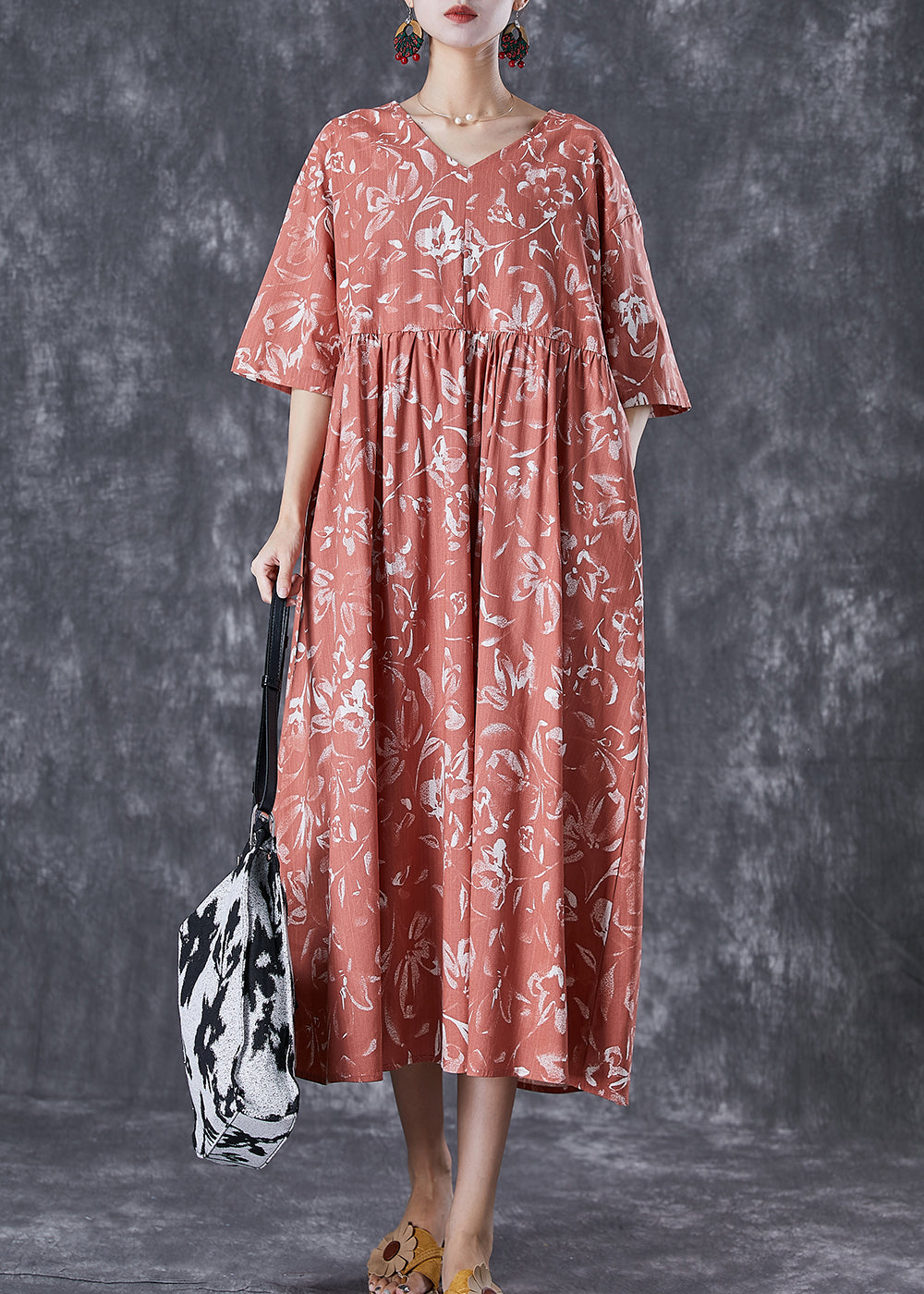 Diy Brick Red V Neck Print Linen Maxi Dress Summer
