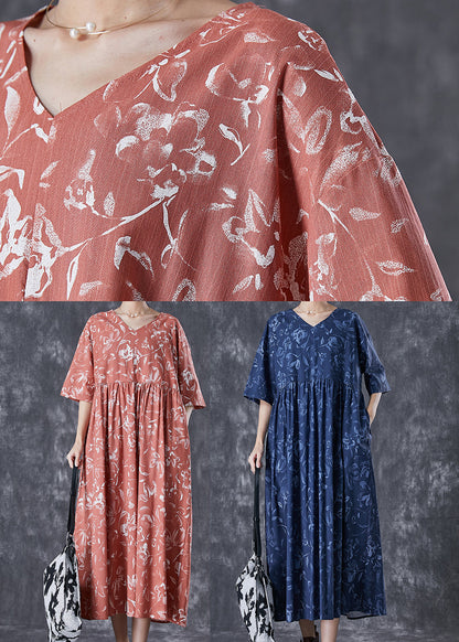 Diy Brick Red V Neck Print Linen Maxi Dress Summer