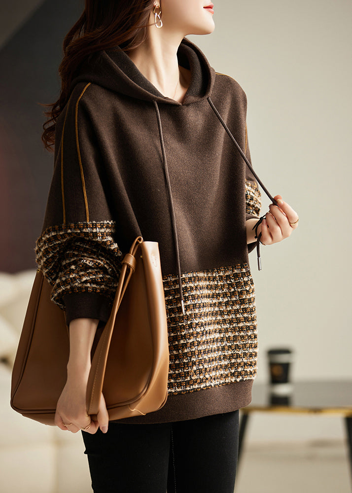 Diy Brown Hooded Patchwork Cotton Sweatshirt Spring