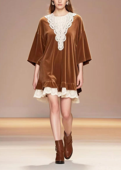 Diy Brown Oversized Lace Patchwork Silk Velvet Tea Dress Spring