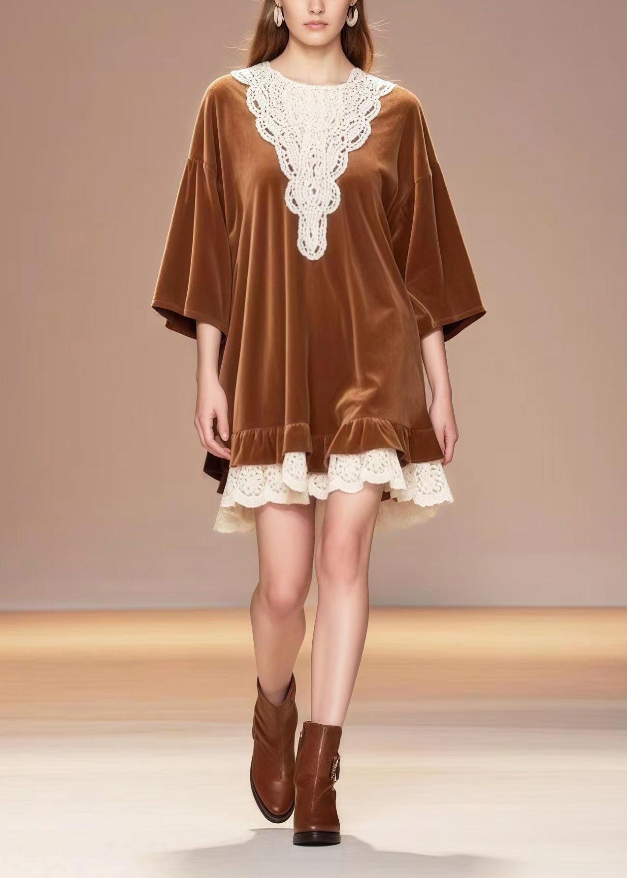 Diy Brown Oversized Lace Patchwork Silk Velvet Tea Dress Spring
