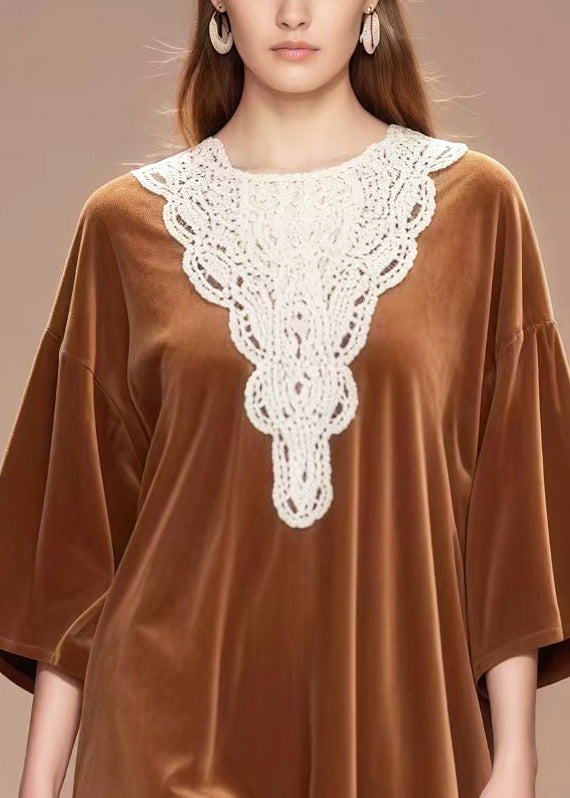Diy Brown Oversized Lace Patchwork Silk Velvet Tea Dress Spring