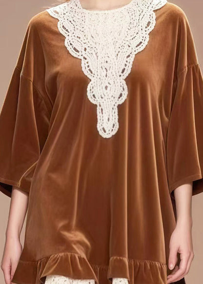 Diy Brown Oversized Lace Patchwork Silk Velvet Tea Dress Spring