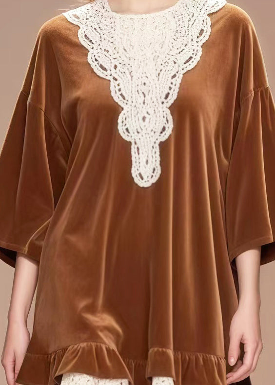 Diy Brown Oversized Lace Patchwork Silk Velvet Tea Dress Spring