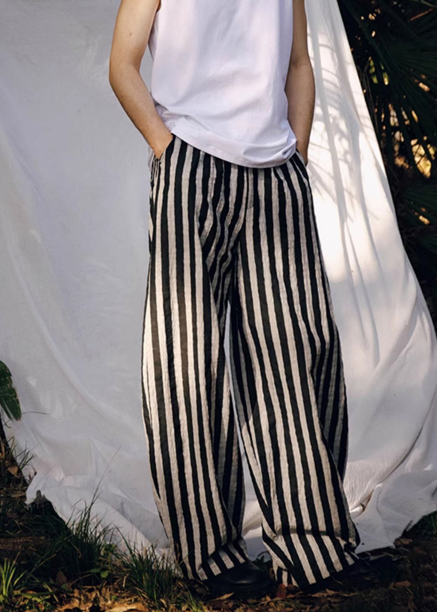 Diy Brown Oversized Striped Cotton Pants Spring