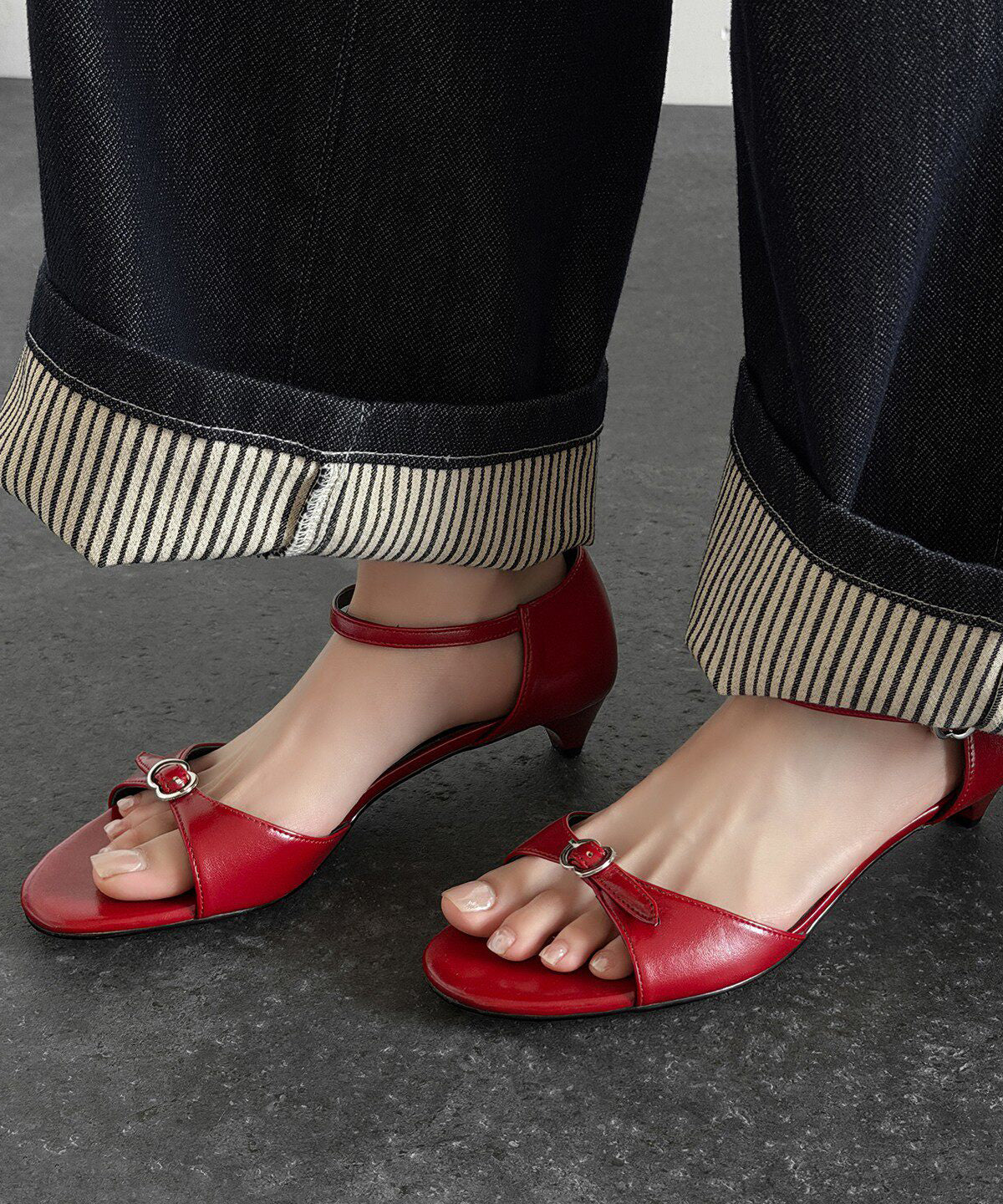 Diy Buckle Strap Kitten Sandals Red Faux Leather