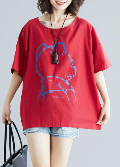 Diy Cartoon Print Cotton Linen Tops Outfits Red O Neck Blouses Summer