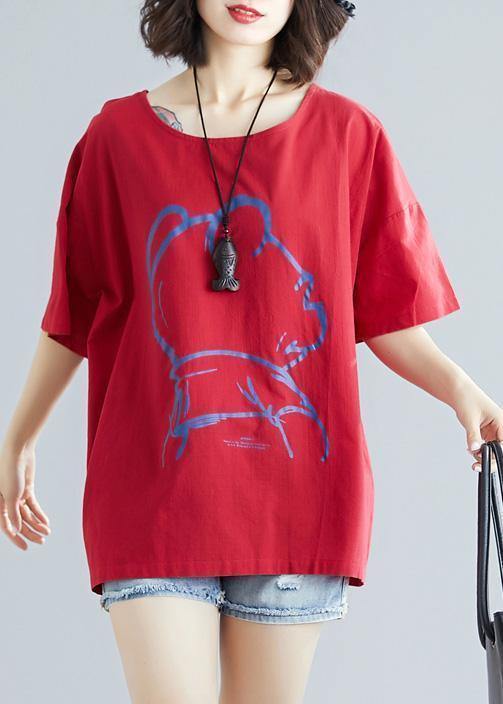 Diy Cartoon Print Cotton Linen Tops Outfits Red O Neck Blouses Summer