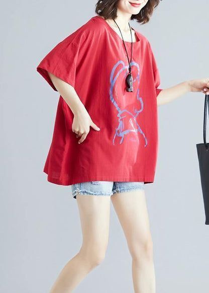 Diy Cartoon Print Cotton Linen Tops Outfits Red O Neck Blouses Summer