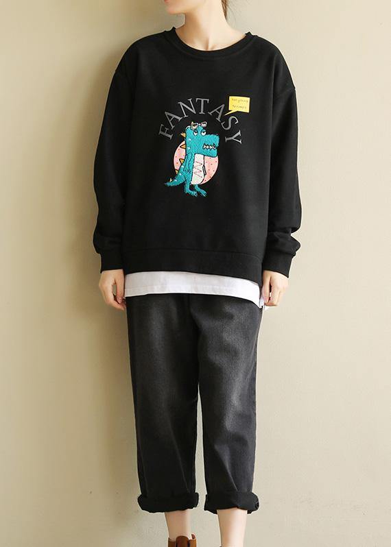 Diy Cartoon Print Cotton Spring Tunics for Pattern Black Blouse