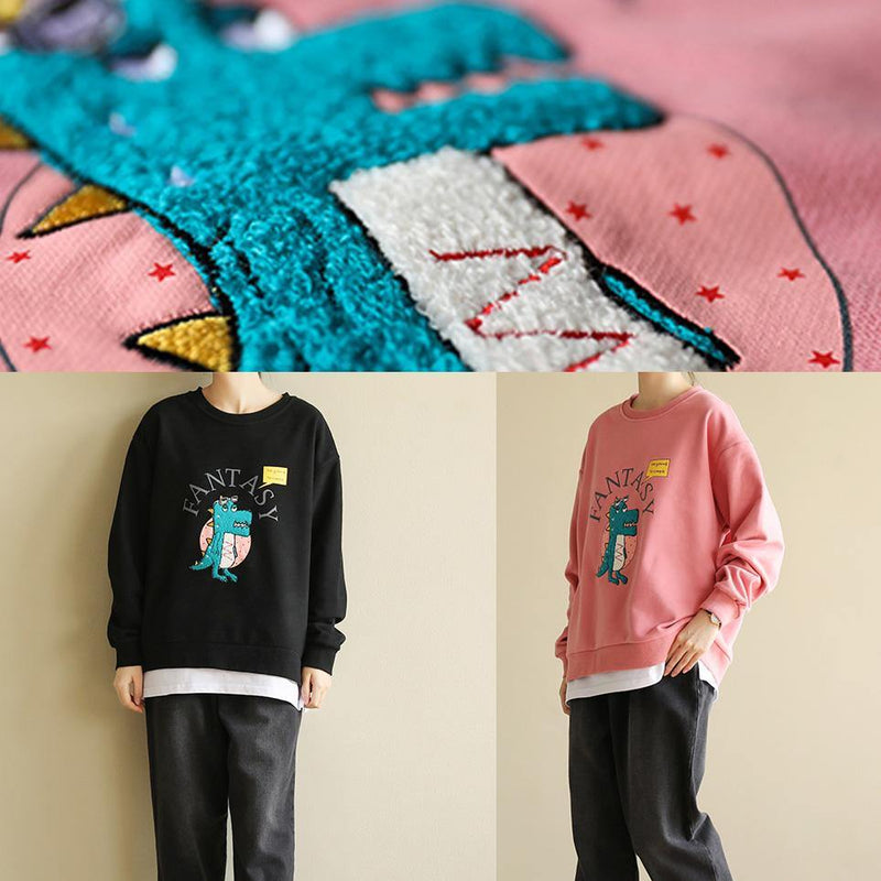 Diy Cartoon Print Cotton Spring Tunics for Pattern Black Blouse