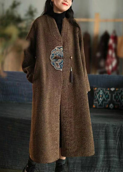 Diy Chocolate Embroidered Tasseled Faux Fur Trench Winter