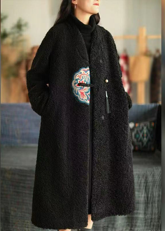 Diy Chocolate Embroidered Tasseled Faux Fur Trench Winter
