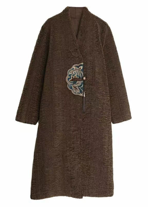Diy Chocolate Embroidered Tasseled Faux Fur Trench Winter