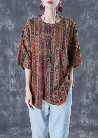 Diy Coffee Asymmetrical Patchwork Print Cotton Top Summer