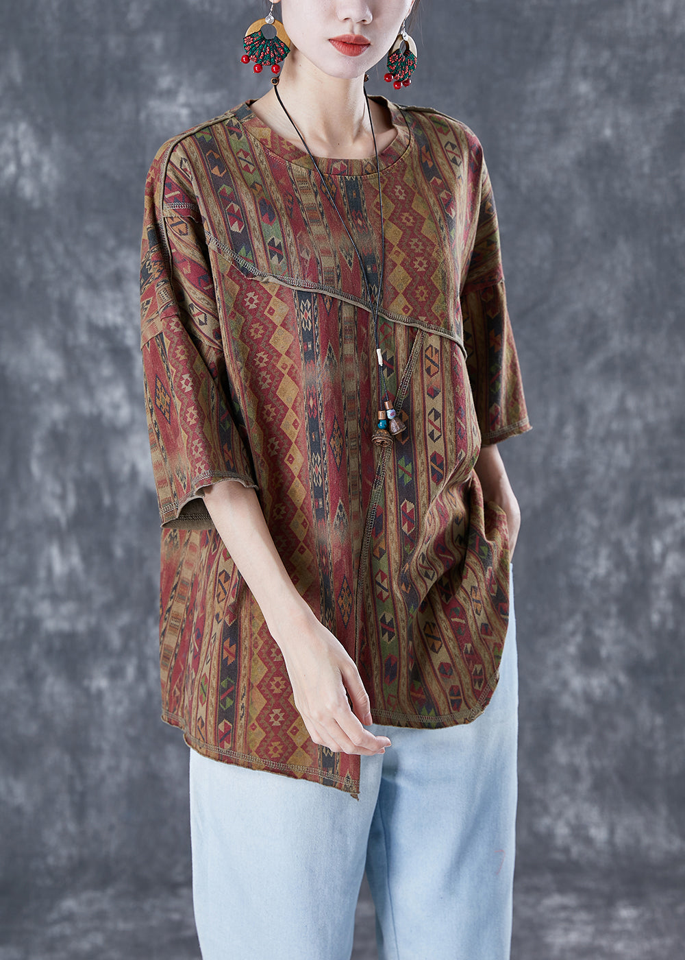 Diy Coffee Asymmetrical Patchwork Print Cotton Top Summer